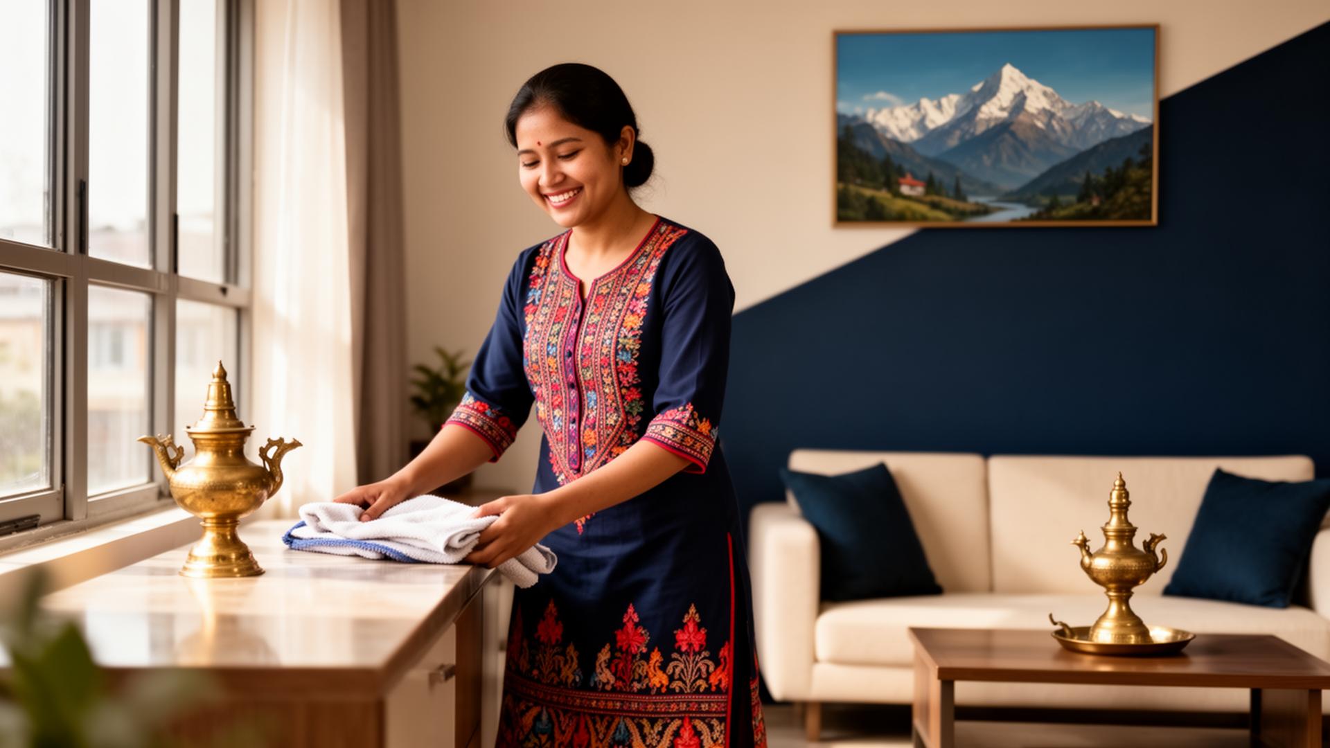 Professional housemaid in a modern Nepali home